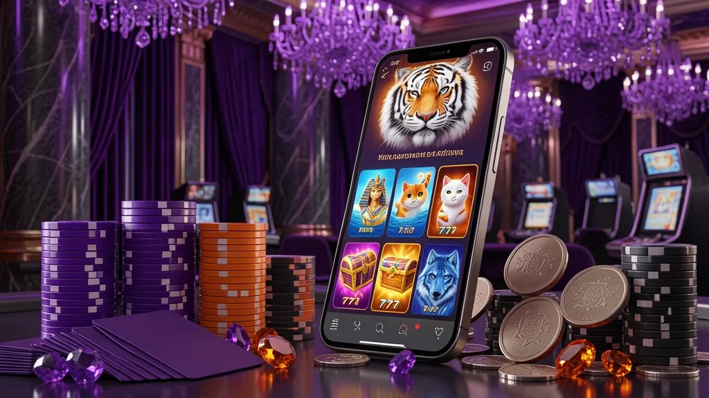 Smartphone escuro exibindo jogos de cassino com tigre branco