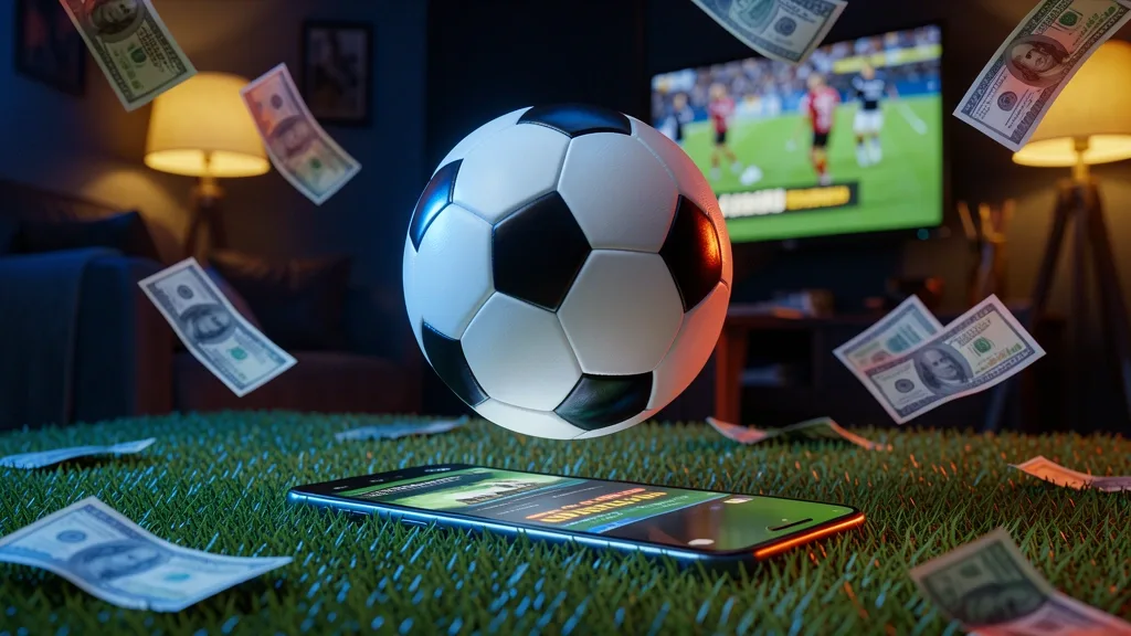 Celular sobre grama com bola de futebol, dólares e jogo ao fundo