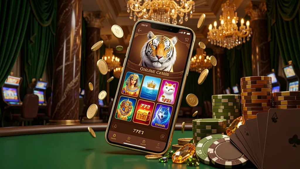 Smartphone dourado exibindo jogos de cassino com tigre branco