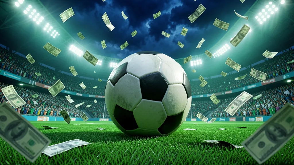 Bola de futebol gigante em estádio, com dólares voando