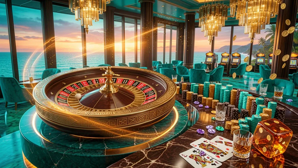 Roleta dourada sobre mesa turquesa em cassino com vista oceânica