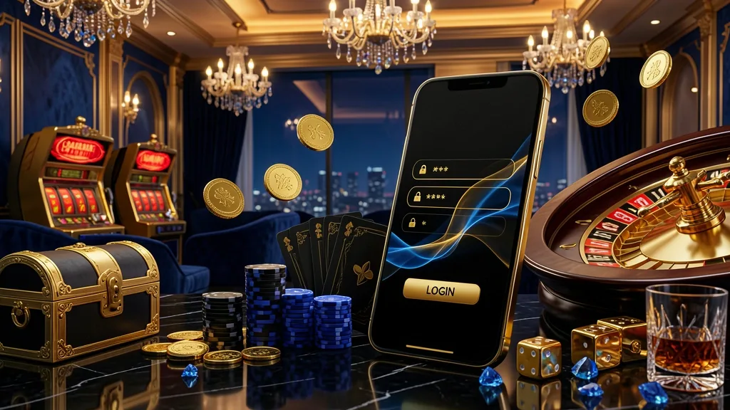 Smartphone com tela de login dourada cercado por objetos de cassino